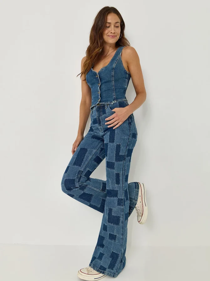 Women's High Rise Patchwork Flare Jean