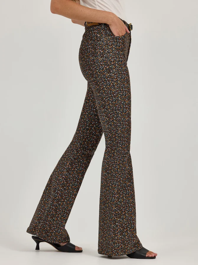 Women's High Rise Floral Print Corduroy Flare Jean - Image 3