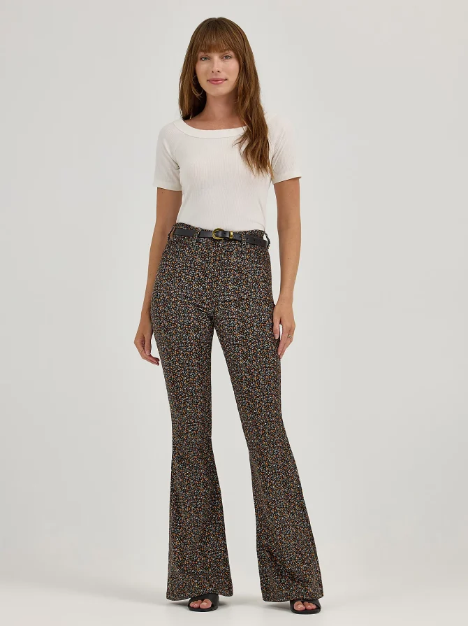 Women's High Rise Floral Print Corduroy Flare Jean - Image 4