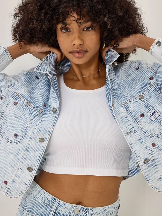 Women's Floral Embroidered Crop Chore Jacket - Image 2