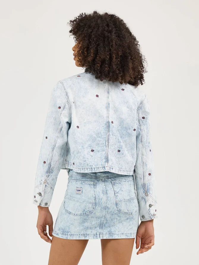 Women's Floral Embroidered Crop Chore Jacket - Image 4