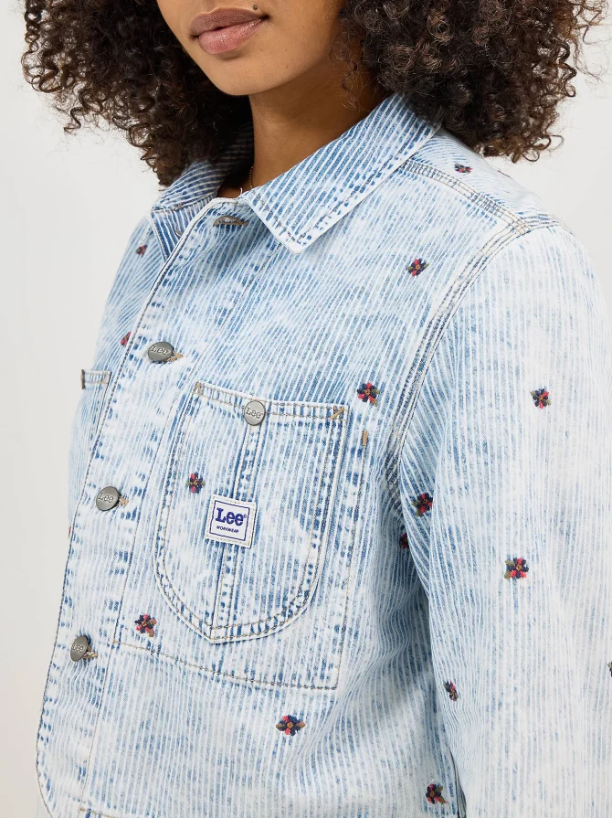 Women's Floral Embroidered Crop Chore Jacket - Image 5