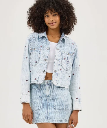 Women's Floral Embroidered Crop Chore Jacket