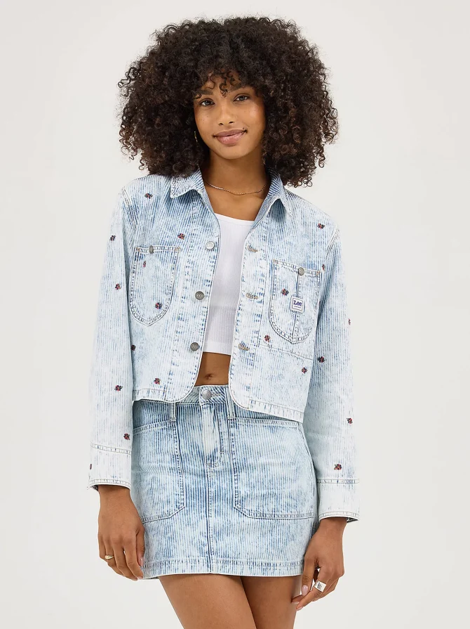 Women's Floral Embroidered Crop Chore Jacket
