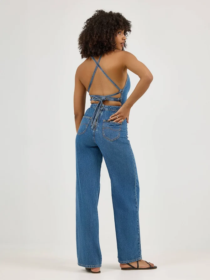 Women's Cross Back Denim Wide Leg Jumpsuit - Image 2