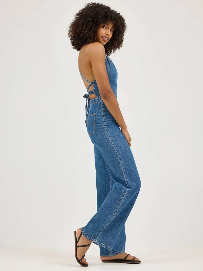 Women's Cross Back Denim Wide Leg Jumpsuit - Image 3