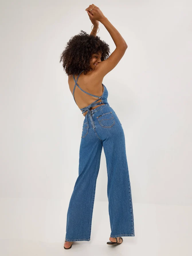 Women's Cross Back Denim Wide Leg Jumpsuit - Image 4