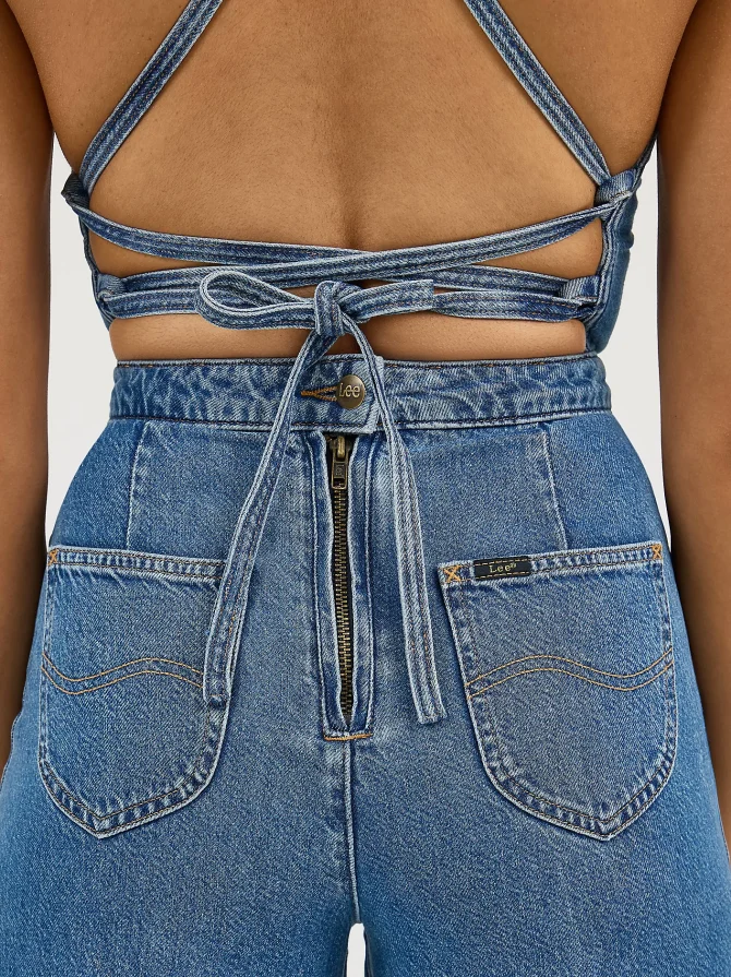 Women's Cross Back Denim Wide Leg Jumpsuit - Image 5