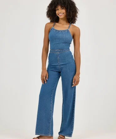 Women's Cross Back Denim Wide Leg Jumpsuit