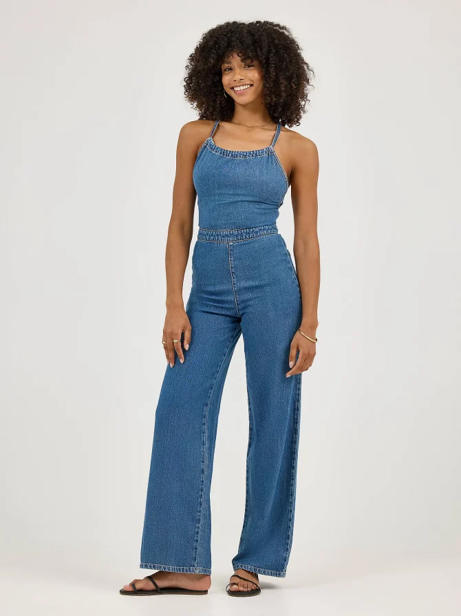 Women's Cross Back Denim Wide Leg Jumpsuit