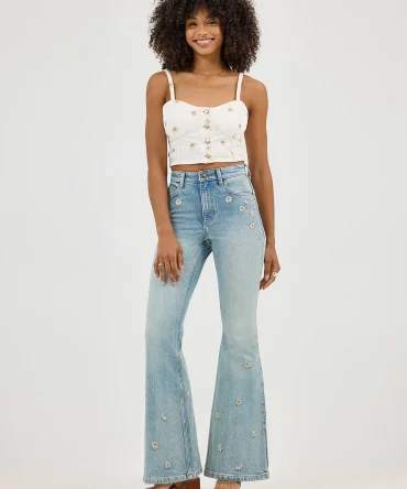 Women's High Rise Daisy Print Flare Jean