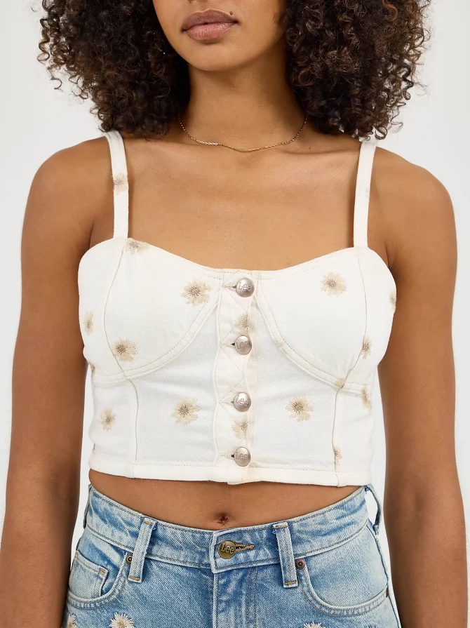 Women's Daisy Embroidered Seamed Denim Tank - Image 4