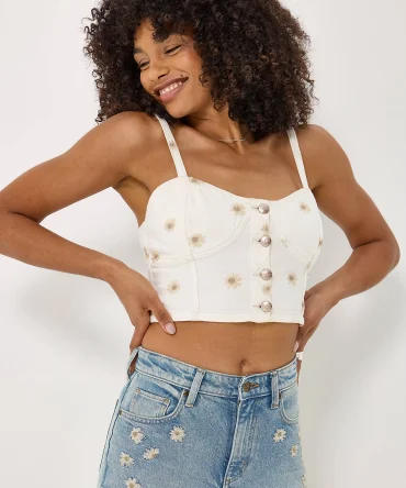 Women's Daisy Embroidered Seamed Denim Tank