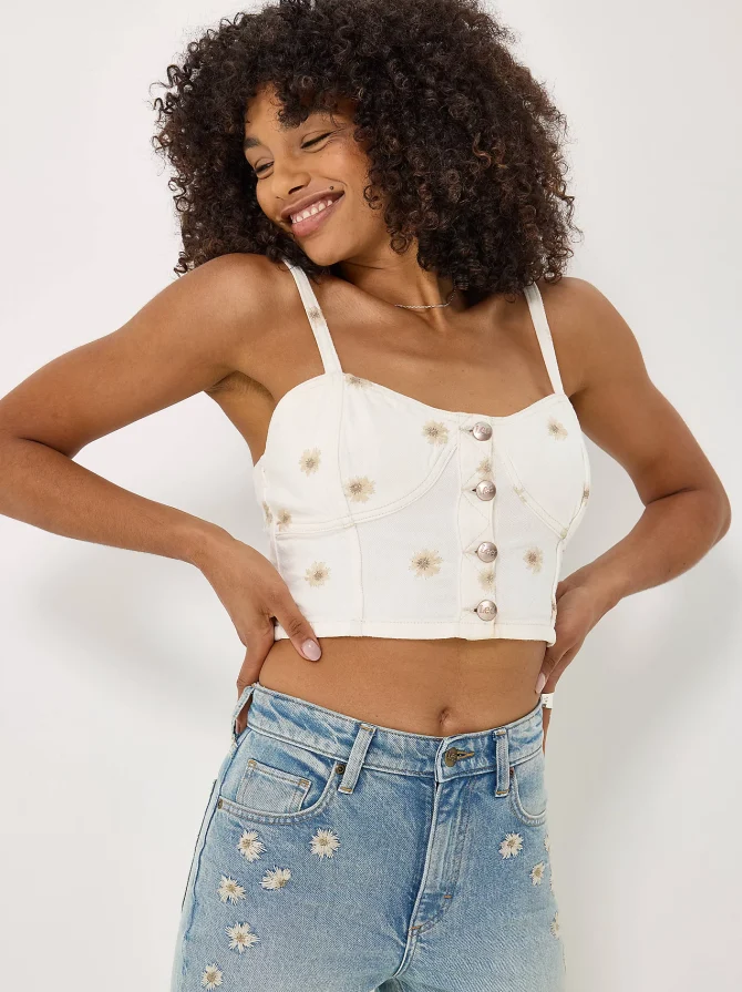 Women's Daisy Embroidered Seamed Denim Tank