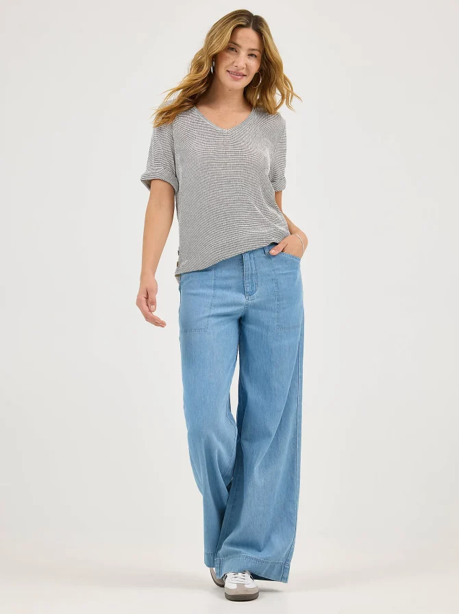 Women's Cuff Sleeve Stripe V-Neck Tee - Image 4