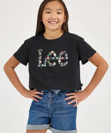 Girl's Drop Shoulder Crop Floral Logo Tee