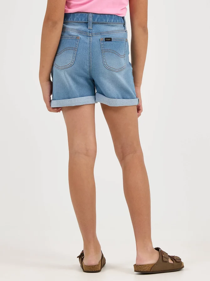 Girl's Belted Pleated Denim Short - Image 3