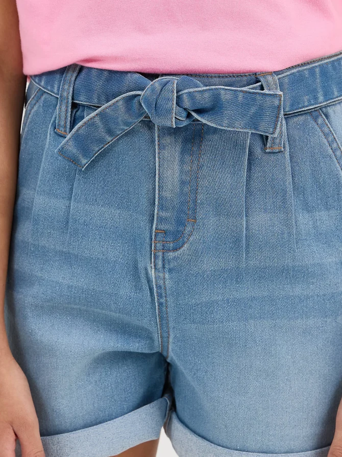 Girl's Belted Pleated Denim Short - Image 6