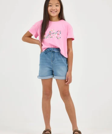 Girl's Belted Pleated Denim Short