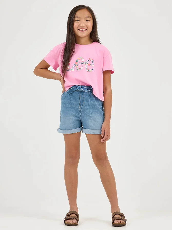 Girl's Belted Pleated Denim Short
