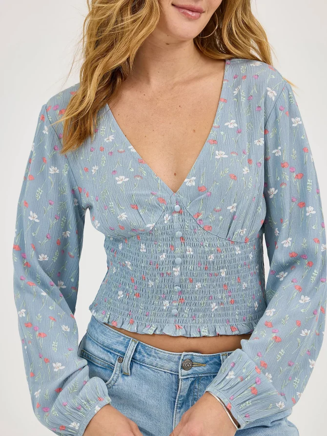 Women's Floral Print V-Neck Babydoll Shirt - Image 3
