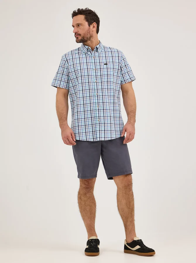 Men's Short Sleeve Thin Line Plaid Button Down Shirt - Image 4