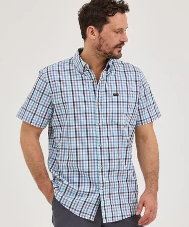Men's Short Sleeve Thin Line Plaid Button Down Shirt