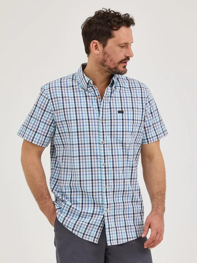 Men's Short Sleeve Thin Line Plaid Button Down Shirt