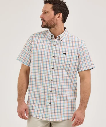 Men's Short Sleeve Thin Line Plaid Button Down Shirt
