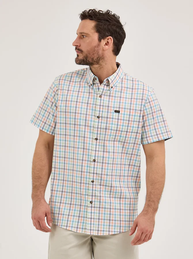 Men's Short Sleeve Thin Line Plaid Button Down Shirt