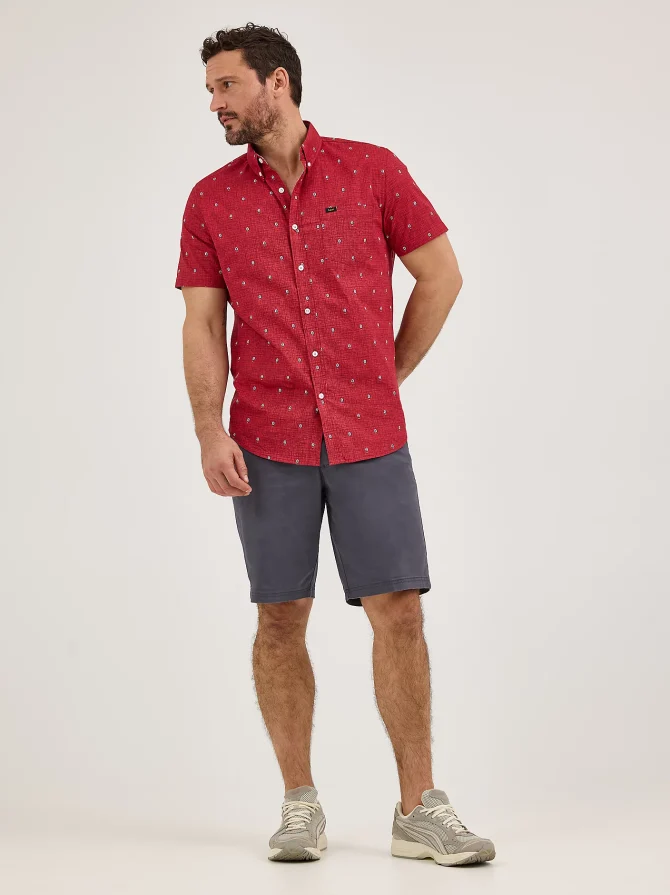 Men's Short Sleeve Stretch Print Button Down Shirt - Image 4