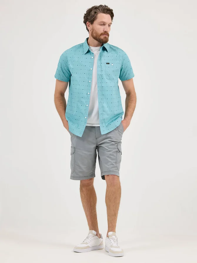 Men's Short Sleeve Stretch Print Button Down Shirt - Image 4
