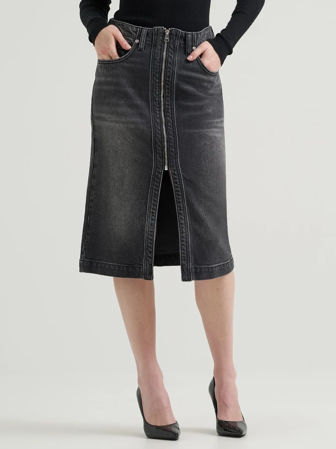 Women's High Rise Zip Front Denim Midi Skirt - Image 2
