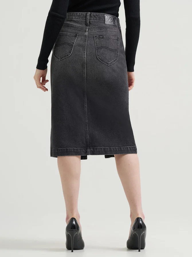 Women's High Rise Zip Front Denim Midi Skirt - Image 3