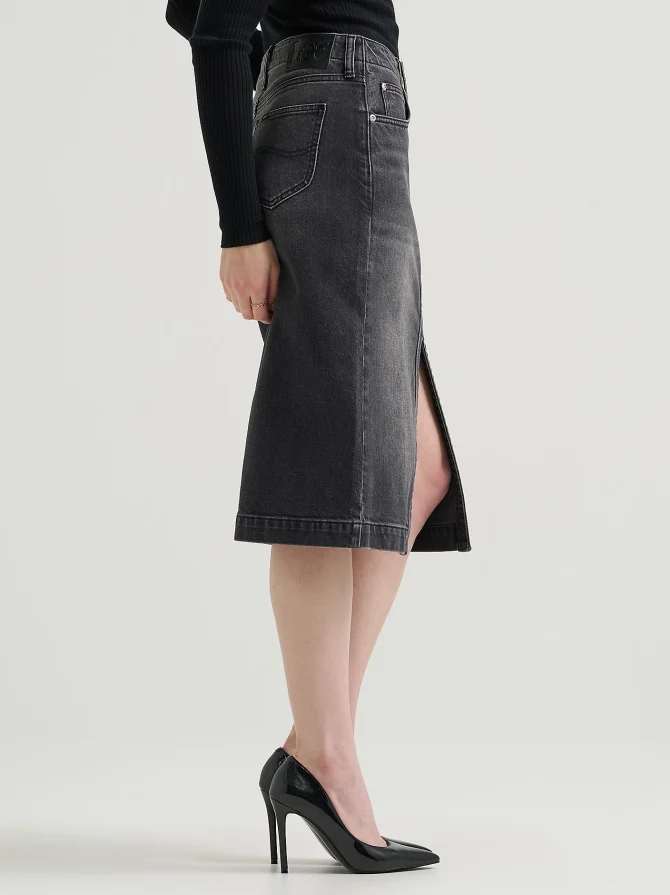 Women's High Rise Zip Front Denim Midi Skirt - Image 4