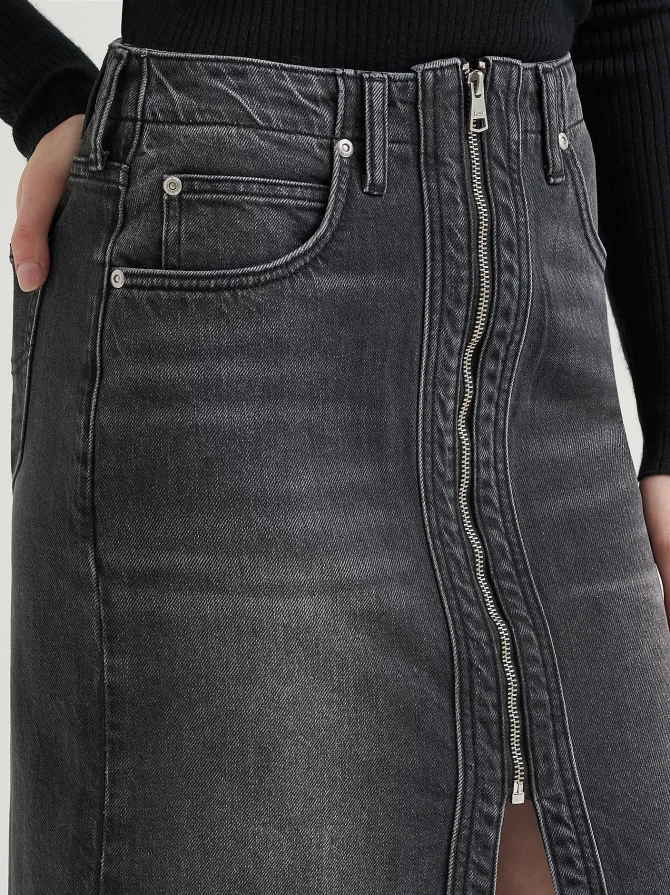 Women's High Rise Zip Front Denim Midi Skirt - Image 6