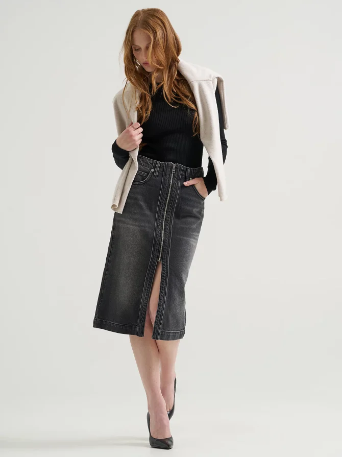 Women's High Rise Zip Front Denim Midi Skirt - Image 7