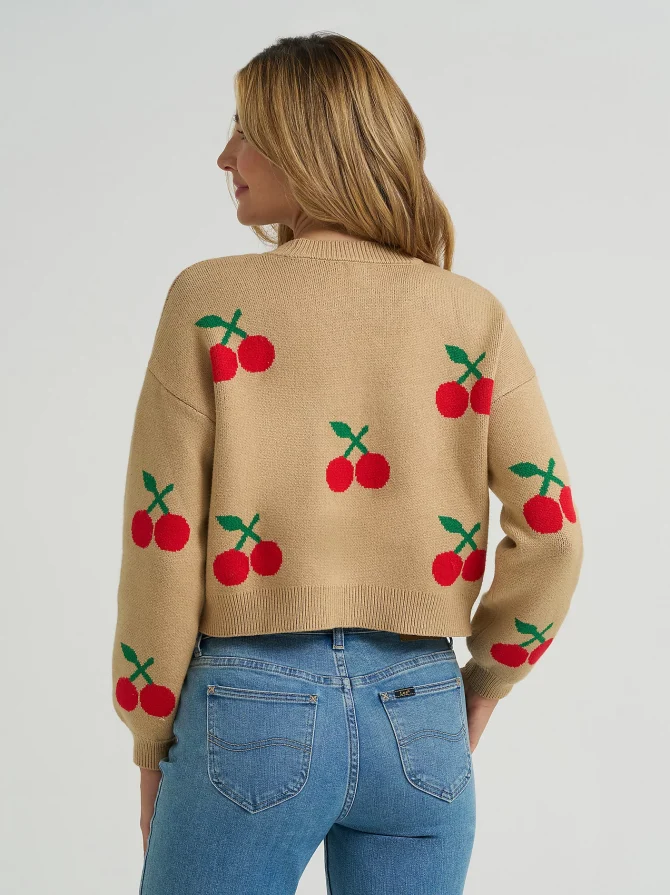 Women's Cherry Print All Over Crop Sweater - Image 2