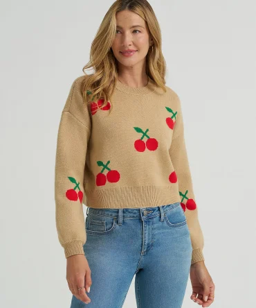 Women's Cherry Print All Over Crop Sweater