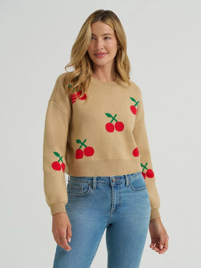 Women's Cherry Print All Over Crop Sweater