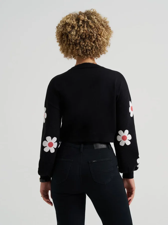 Women's Daisy Print Sleeve Crop Sweater - Image 2