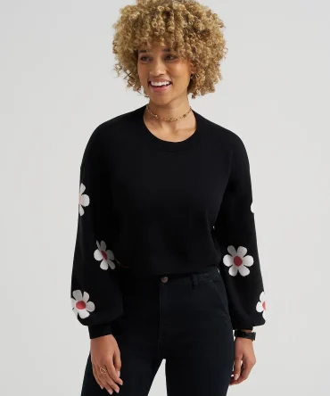 Women's Daisy Print Sleeve Crop Sweater